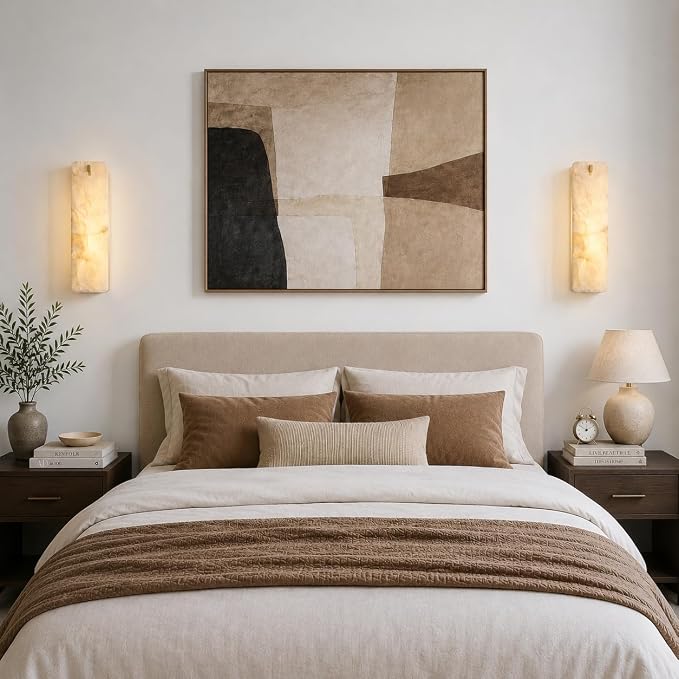 Rectangular Alabaster Wall Sconce 16 Inch, Natural Spanish Stone Brass Gold Wall Light, Modern Marble Sconces Dimmable E12 Hardwired Bathroom Vanity Light Fixture for Mirror, Bedroom, Hallway(1 Pcs)