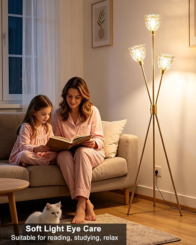 Lightdot 3-Lights Glass Tripod Floor Lamp Gold Dimmable Floor Lamps with 3000K Warm White Bulbs for Wedding Party 62IN Tall Standing Lamp with Amber Glass Shade for Living Room/Bedroom/Home Decor