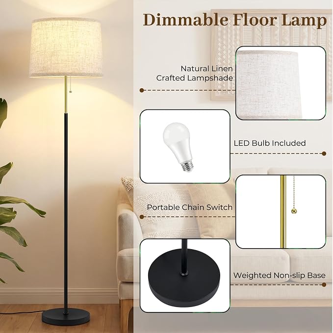Floor Lamps for Living Room & Bedroom, 60" Modern Tall Standing Lamp, 3CCT | Lamps for Office, Classroom, Bedside, Linen Lampshade, Pull Chain Switch, Modern Design, Anti-glare Lighting, Easy Assembly