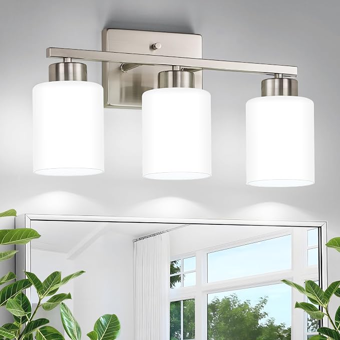 Brushed Nickel Bathroom Light Fixtures Vanity Lighting Over Mirror | 3-Light Modern Wall Sconces with Milky White Frosted Glass Shades for Restroom (E26 Socket)