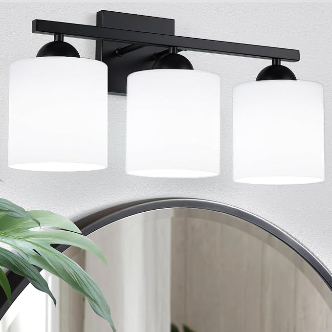 3-Light Matte Black Bathroom Vanity Light, Modern Bathroom Light Fixtures Over Mirror, Farmhouse Wall Sconce with Milky White Glass Shades, E26 Socket