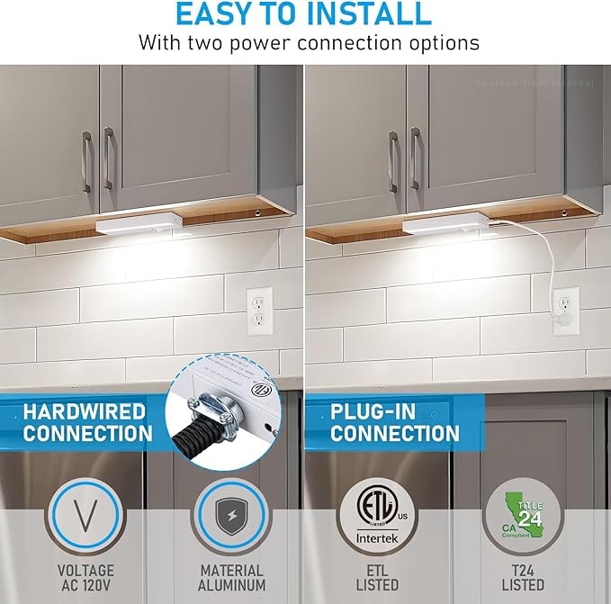 TORCHSTAR LED Under Cabinet Lighting 5CCT, 8 Inch 6W 450LM, Hardwired & Plug-in, 5 Color Selectable CRI90 120V ETL T24 Listed Dimmable Under Counter Lights for Kitchen, White Aluminum Housing, 4 Pack