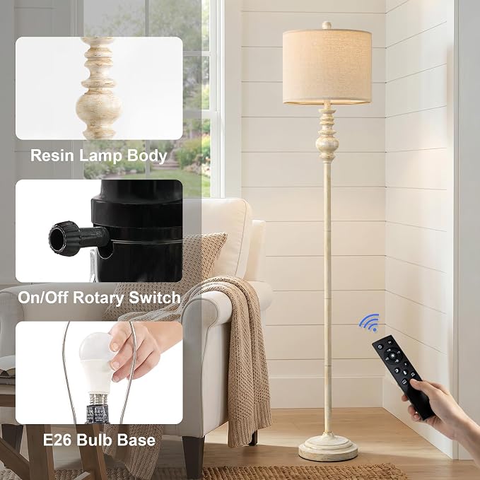 BOBOMOMO 64.25" Farmhouse Floor Lamp with Remote, Dimmable Floor Lamp with Adjustable Color Temperatures, Antique White Floor Lamp with Gold Accents for Living Room Corner, Bedroom, 9W Bulb Included