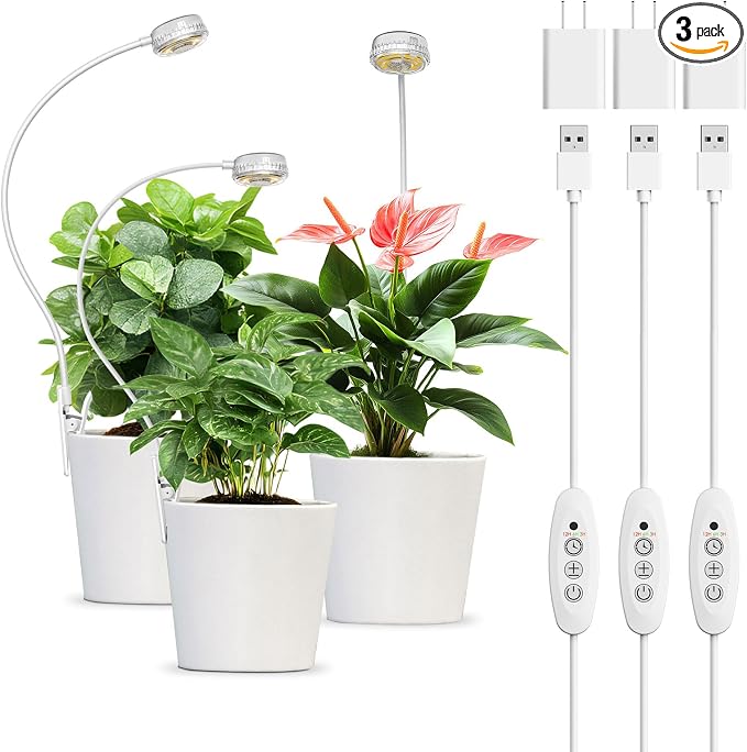 Clip-On Grow Lights for Indoor Plants, 3 Pack Small Light Full Spectrum LED | Three 5W LED clip-on lights (15W total),4000K full spectrum LED with 4 dimmable brightness levels,Built-in auto on/off timer