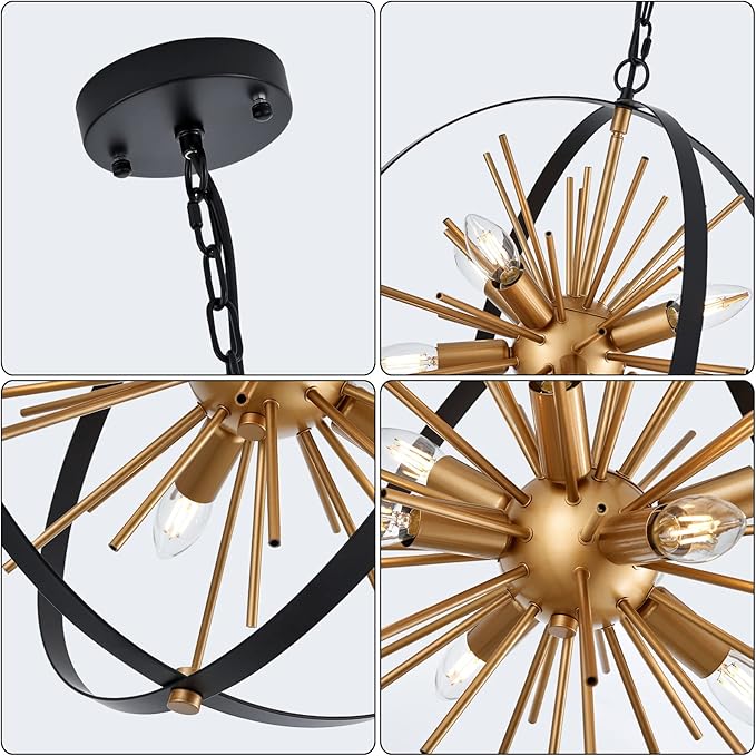 17.7" Black Gold Globe Sputnik Chandelier, 8-light Mid Century Modern Industrial Starburst Golden Satellite Pendant Light Fixture for Entryway Stairway Kitchen Dining Living Room Hallway, E12