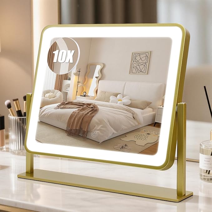 Rechargeable Vanity Mirror with Lights, 3000mAH Battery, 14"×12" LED Makeup Mirror, 10X Magnification, Smart Touch with 3-Color Lighting, 360° Rotation, Lighted Up for Makeup Desk, Bedroom (Gold)