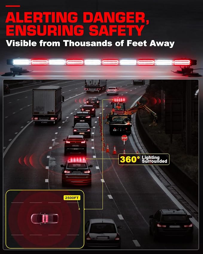 42" Rooftop 206 LED Emergency Traffic Security Light bar Strobe Beacon Lights Bar Magnetic Base Warning Flashing Light for Construction Vehicles Trucks Postal Mail Carrier Snow Plow, Red/White