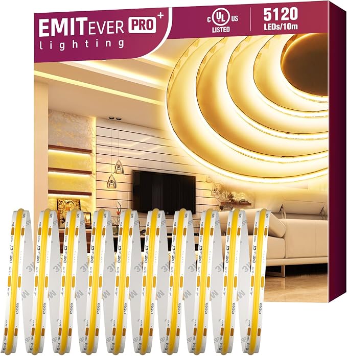 EMITEVER COB LED Strip Lights 3000K 24V, 32.8ft/10m, 5120LEDs, UL Listed | Warm White Tape Light Premium High Density,for Bedroom, Kitchen,Cabinets,360+Lumens/ft,Ra 90+ (Power Supply Sold Separately)