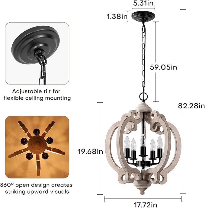 5-Light White Farmhouse Wood Chandelier, Rustic Dining Room Light Fixture with Adjustable Chain, Easy Assembly for Kitchen Island, Bedroom, Entryway, Living Room