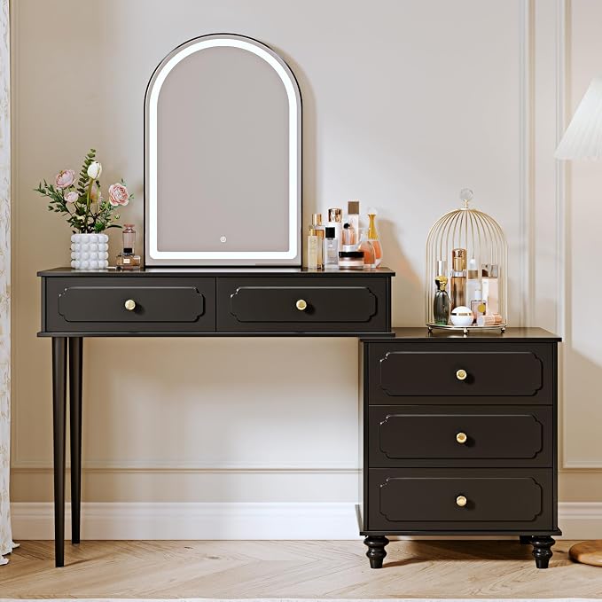 Ieejdn Black,Vanity Desk with Mirror and Lights,Makeup Vanity with Power Outlet and Adjustable Cabinet,Modern Makeup Table with 3 Drawers for Bedroom Makeup Room