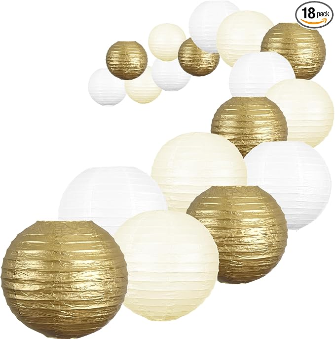 UNIQOOO 18PCS Metallic Gold Paper Lantern Wedding Decoration Set, Assorted Hanging Gold Japanese Paper Lantern, Reusable Easy Assemble, For New Year Christmas Birthday Baby Shower Party Favor Supplies