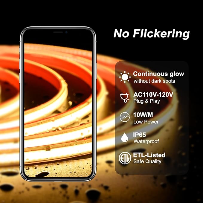 ETL COB LED Rope Light IP65 AC 120V 16.4FT 1200lm Ultra Bright 6500K White | IP65 Waterproof Cold-Resistant ETL Light Strip No Driver Tape Lighting for Home Commercial LED Strip Light 6500K Cool White