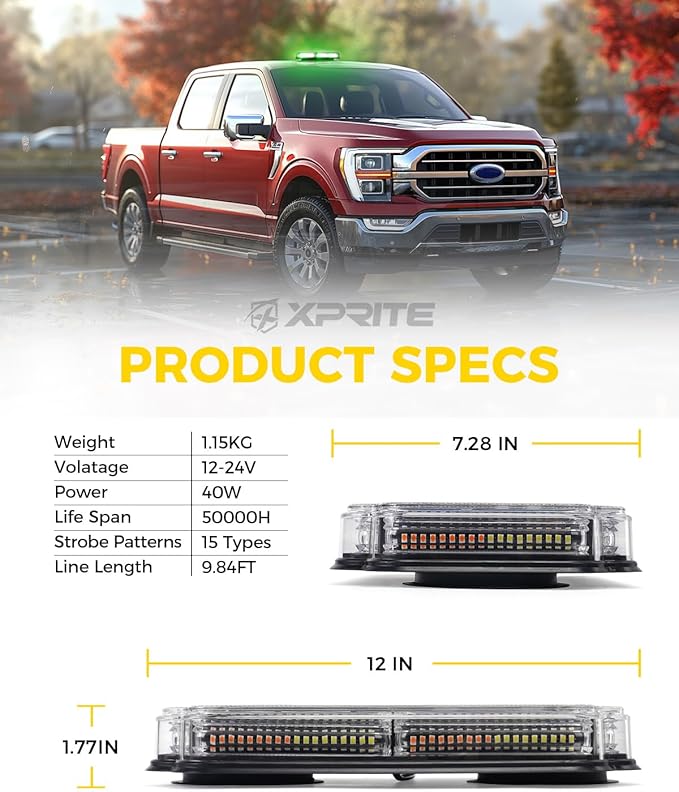 Xprite 108 LED Roof Top Strobe Light, US Flag Pattern Mail Postal Car Light Bar, Emergency Safety Warning LED Mini Strobe Lightbar w/Magnetic for Patrol Vehicles Law Enforcement Trucks, Green White