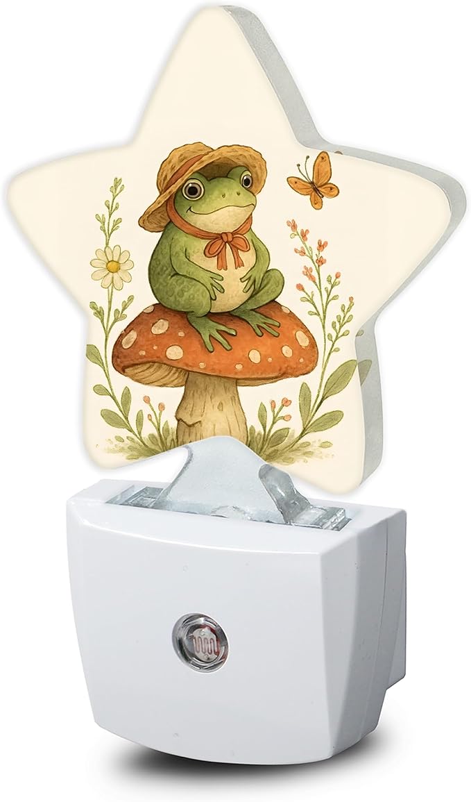 Cute Frog Mushroom Dusk to Dawn Star Night Light,Flowers Smart Sensor Nightlight for Bedroom Kitchen Hallway Stairs,Plug-in Energy Efficient Decor Desk Lamp Women Men Gifts