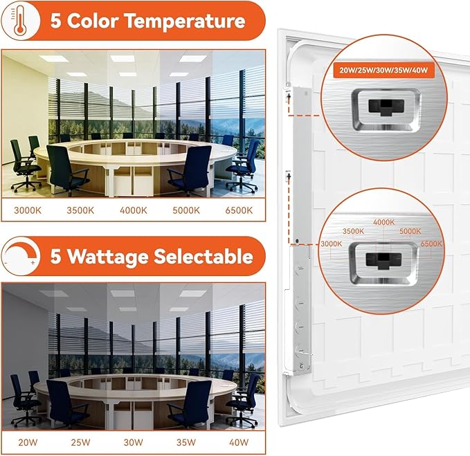 OKQ 2x2 LED Flat Panel Light Drop Ceiling Office Shop Commercial Warehouse Fixture, 5 CCT 3000K-6500K Adjustable & 5 Wattage Selectable,6000Lm 0-10V Dimmable, ETL Listed (48Pack)