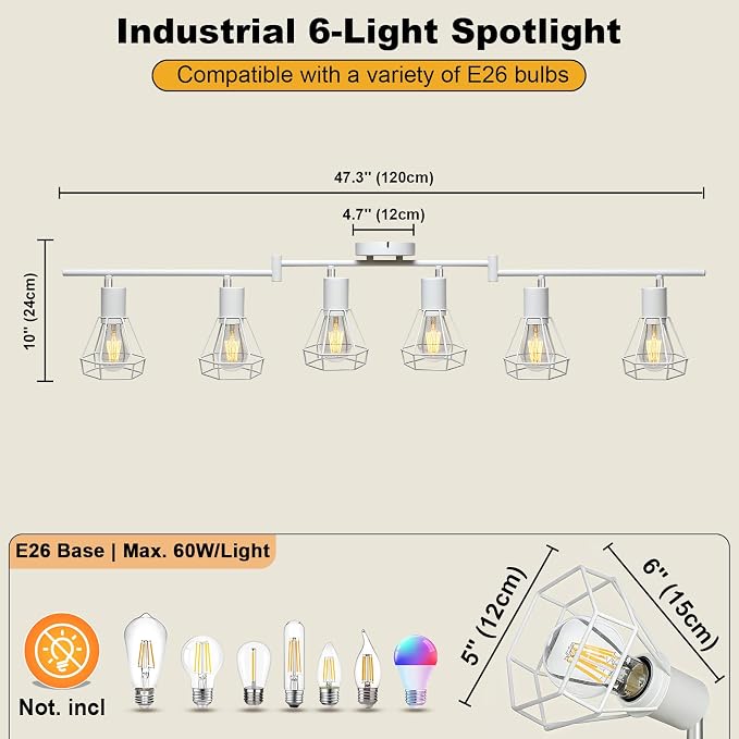 HiBay 6-Light Ceiling Track Lighting Fxiture White, Modern Spotlight, E26 | Rotatable 6 heads with farmhouse metal cage shade for kitchen living room dining area, bulb not included