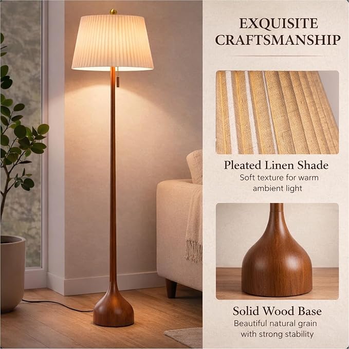 MOFFE Mid Century Modern Real Wood Floor Lamp with 2 Shades for Two Looks | 65" Tall,Sculptural Teardrop Base,Wooden Pull Chain,Vintage Standing Lamp,Linen Shades,Living Room,Bedroom, Bulb Included