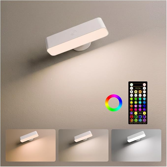 EZVALO Battery Operated Wall Sconce, Rechargeable Magnetic Wall Light with Remote, RGB Mood Lighting & 3 White Tones, Dimmable Wall Lamp for Bedroom, Gaming Room, Apartment Decor