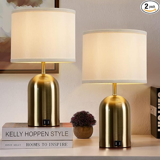 Touch Control Table Lamps Set of 2, Gold Bedside Table Lamps for Bedroom Living Room Office, Modern Dimmable Desk Lamp for Nightstand with 2 USB Charging Ports, 2 Bulbs Included