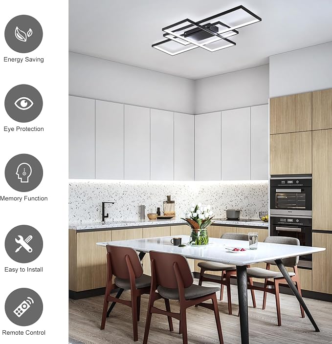 GEADI 35.4" Modern LED Ceiling Light, Dimmable Flush Mount with Remote | Black Geometric Square Light Fixture with Adjustable Color Temperature for Kitchen, Bedroom, Dining Room and Hallway