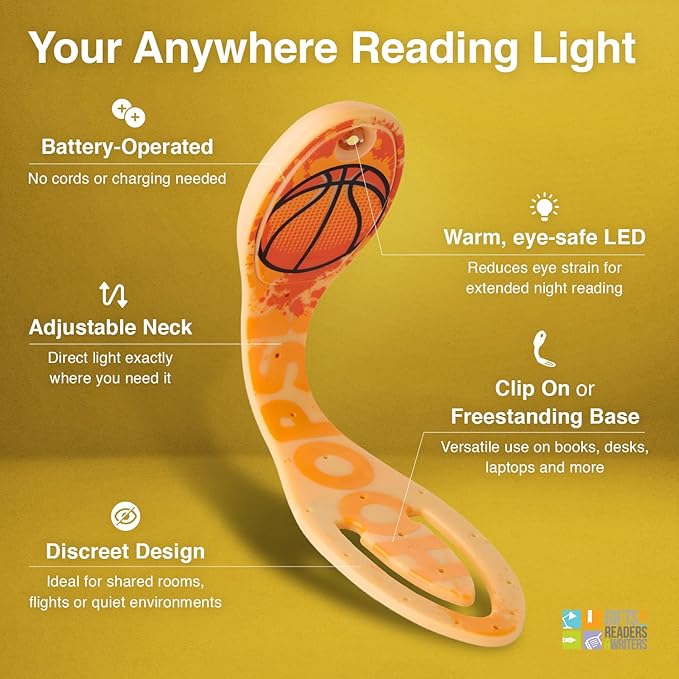 Gifts for Readers & Writers Book Light, Clip On Reading Light for Bed, 2in1 Flexilight & Bookmark, Small & Lightweight with a Soft Glow, 2 Batteries Included, Basketball