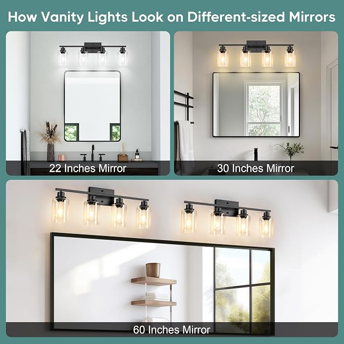 Ascher Bathroom Light Fixtures, 4-Light Vanity Light Over Mirror, Matte Black Wall Sconces with Clear Glass Shades, Wall Lamp for Living Room Bedroom, E26 Base(Bulbs Not Included)