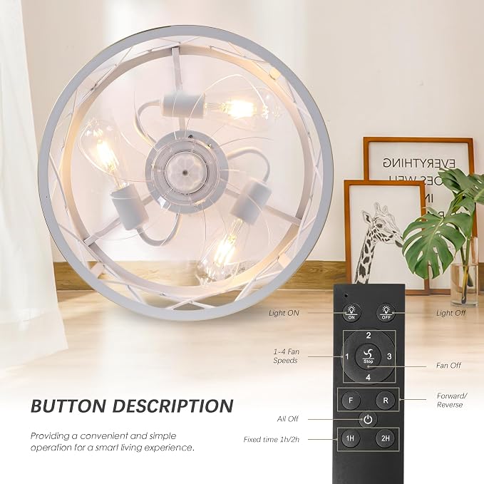 REDSTAR 15" Caged Ceiling Fans with Lights and Remote Flush Mount, White Round Industrial Ceiling Fan Light Fixture, Small Bladeless Ceiling Fan for Bedroom, Kitchen, Indoor