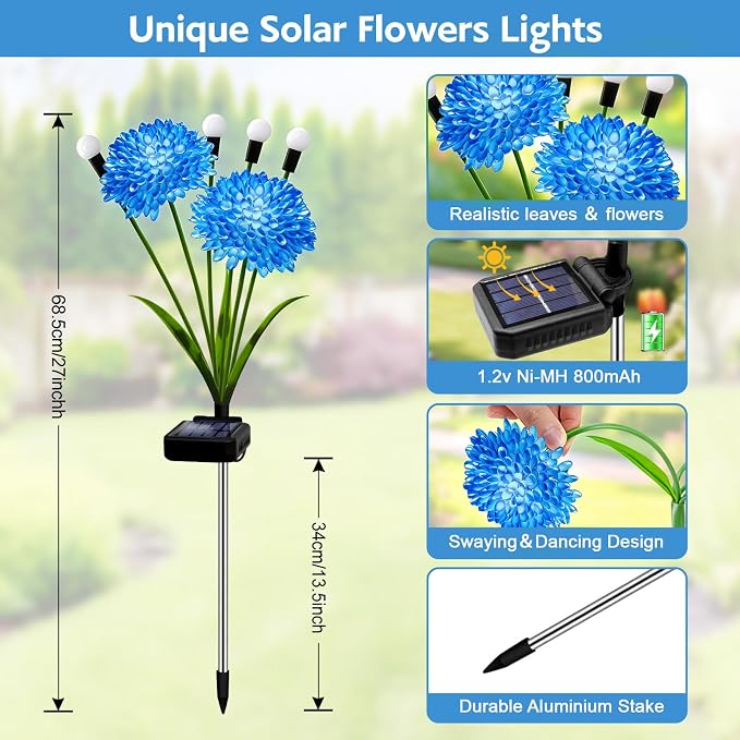 Solar Garden Lights, 8 Pack Blue Solar Swaying Firefly Lights With Flowers, Waterproof Blue Flowers Light Outdoor for Garden Patio Yard Pathway Fall Decoration, Gifts for Women Mother's Day