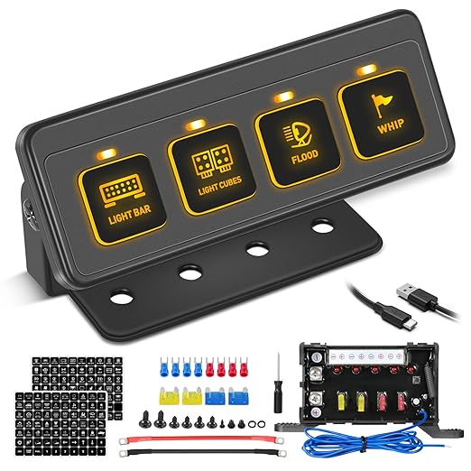 Wireless 4 Gang Switch Panel, Niking Auto Multifunction Offroad LED Switch Pods with Toggle Pulse Auxiliary Universal Circuit Control 12V Relay System Control Box for Trucks SUV UTV Car Boat RV Marine