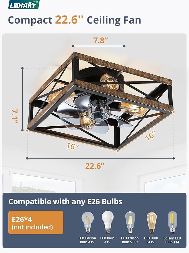LEDIARY Caged Flush Mount Ceiling Fans with Lights and Remote, Rustic Square Low Profile Ceiling Fan, 6 Speed and Reversible, Small Farmhouse Bladeless Ceiling Fan for Bedroom, Kitchen, Dining Room