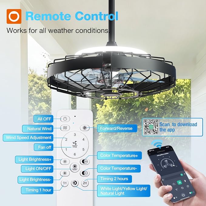 addlon 20" Outdoor Ceiling Fan with Light for Patio, IP65 Plug in Caged Fan | Waterproof, Hanging, Reversible DC Motor, 6 Speeds, Remote/APP Control, Quiet Operation, Timer, for Gazebo, Patio, Porch