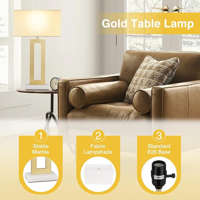 Seealle 22" Tall Bedroom Lamps for Living Room - Gold Bedside Lamps with Marble Base, Lamp for Nightstand with Knob Switch, Modern Night Stands Lamps for End Tables(White&Gold&Marble)