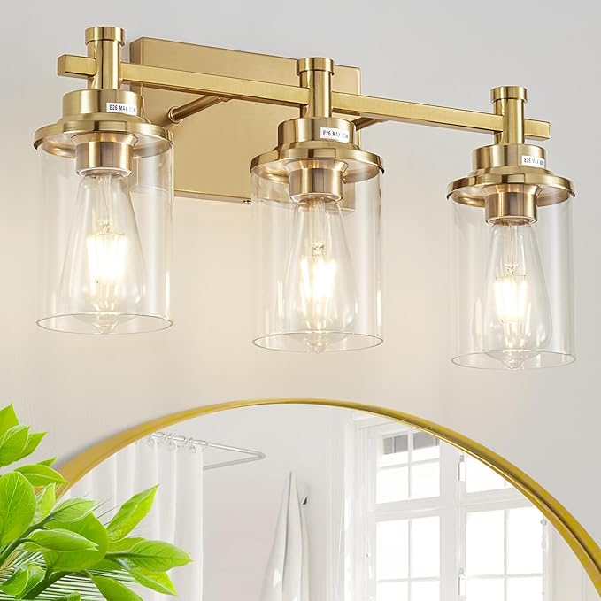 3 Light Gold Bathroom Vanity Light Over Mirror, Brushed Brass Vanity Light Fixture Modern Bath Wall Sconce Lighting Wall Mount Light Over Mirror for Vanity Table, Mirror, Bathroom