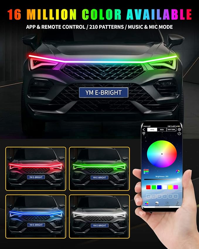 RGB Hood Light Strip with Sequential Turn Signal Indicator Function Waterproof Multicolor Dynamic Scan Start Up Hoodbeam Kit for Cars,Truck,SUV,with APP Control,12V 47inch/1.2M (1Set)