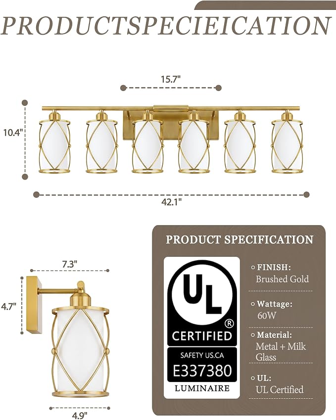 6-Light Brushed Gold Bathroom Light Fixtures Over Mirror, 42" UL-Listed Modern Wall Sconce Lights with Milk White Frosted Glass and Metal Cage for Bath, Hardwire E26, CH9176BGW-6W