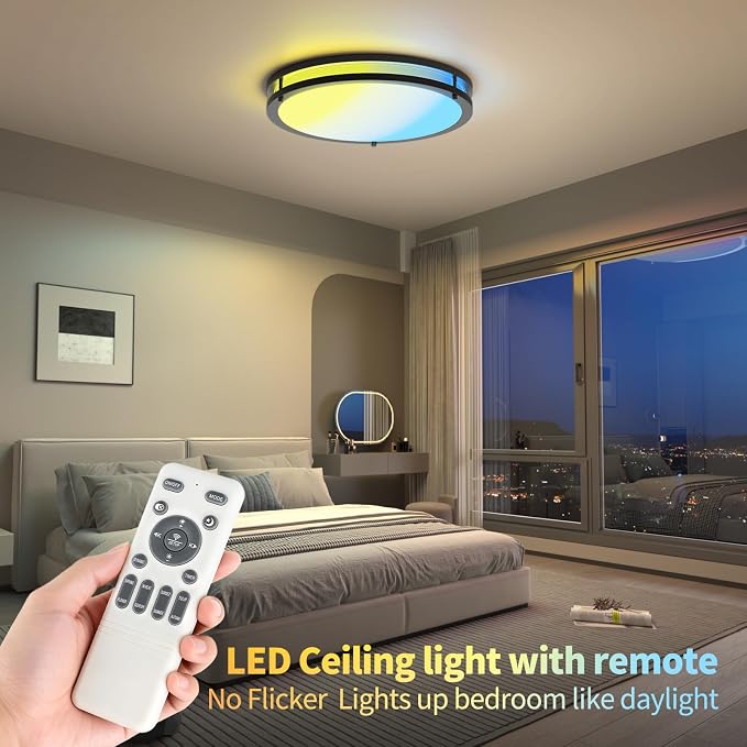 Ceiling Lights Flush Mount with Remote: LED Black Ceiling Lighting 8 Modes Dimmable Color, Adjustable Temperature for Bedroom, Living Room, Kitchen (16 Inch)