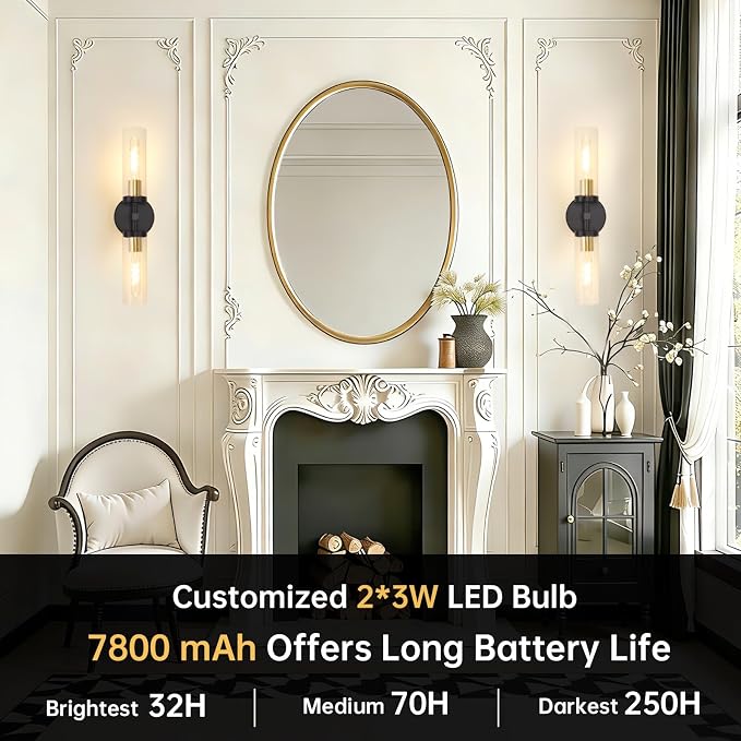 Shenmoyl Battery Operated Wall Sconces Set of Two,21" Black & Gold Rechargeable Wall Lighting Fixtures, Dimmable Wall Lights with Remote & Clear Glass Shade for Living Room,Bathroom,Bedroom