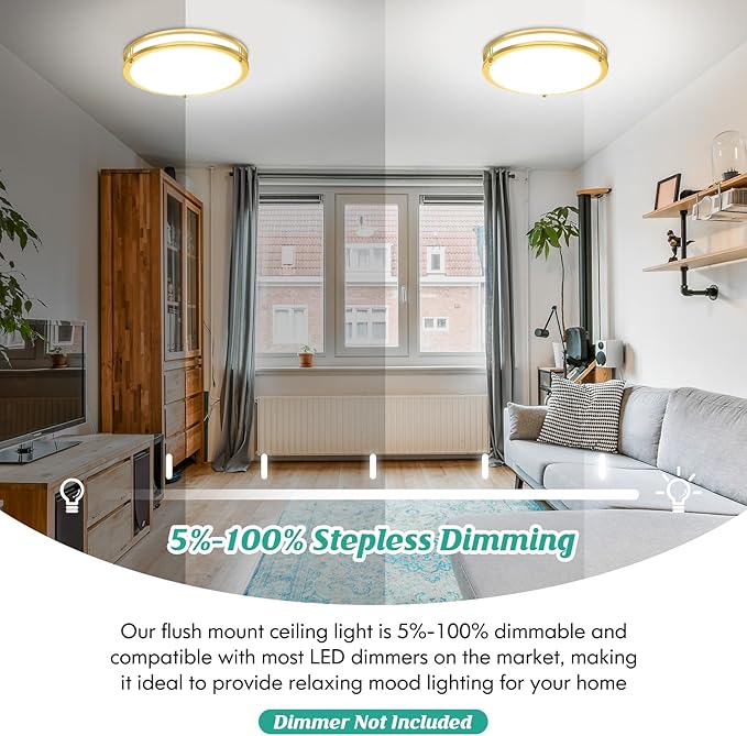 Brightever 13 Inch LED Ceiling Light Fixture, 36W 4400Lm Flush Mount Ceiling Lights, Dimmable 5CCT 2700K/3000K/4000K/5000K/6500K, Super Bright Modern Bedroom Lamps for Kitchen Hallway, Gold, 2 Packs