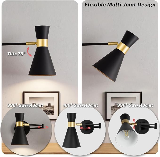 OSYNNIQ Wall Sconce Light with Adjustable Swing Arm for Bedside Reading | Wall Lamp, Modern, Industrial, Lighting Fixture, Black, Hardwired, for Bedroom/Living Room/Indoor, LED E26 Bulb Included