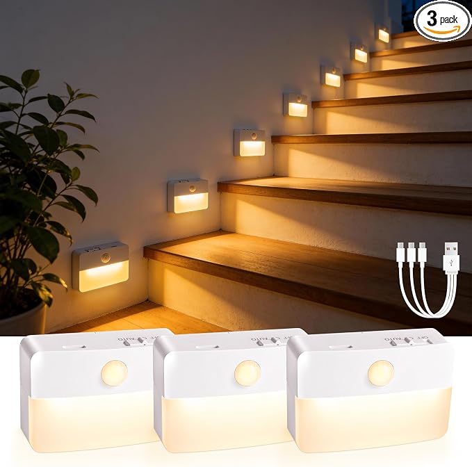 3 Pack Rechargeable Motion Sensor Stair Lights Indoor, Automatic Activated LED Night Light Wireless Battery Powered Portable Hallway Step Toilet Closet Lamp for Bedroom Kitchen