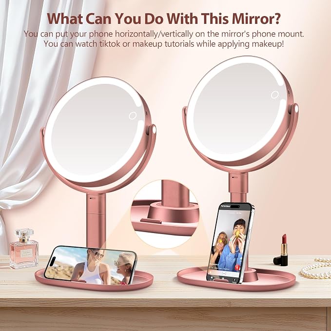 MIYADIVA Makeup Mirror with Lights, 30X Magnifying Mirror with Light and Touch Switch, Vanity Mirror with 3 Color Light and 80 LEDs, Height Adjustable Desk Mirror with Lights, Rose