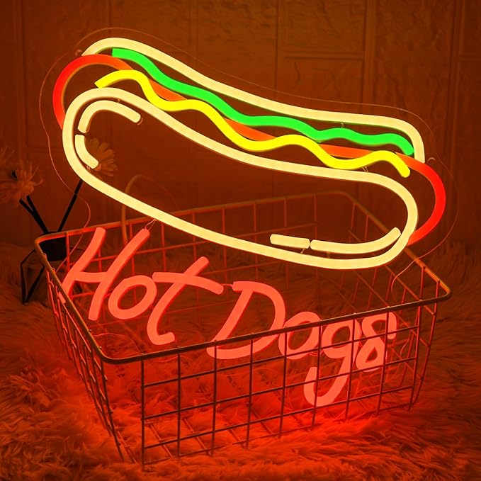 Hot Dog Neon Sign for Wall Decor Dimmable Neon Lights for Hot Dog Shop Decor Business Food LED Neon Signs for Fast Food Shops, Restaurant, Bar, Kitchen,Christmas Birthday Party