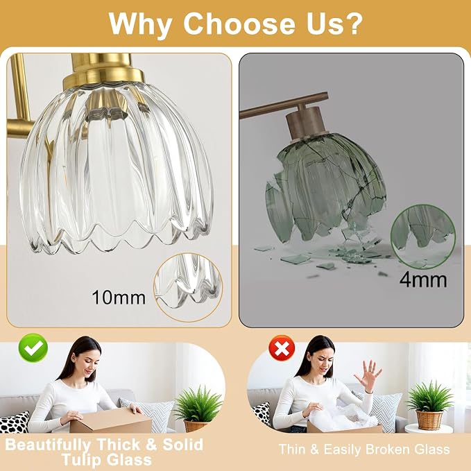 Bathroom Light Fixtures (3-Light, 20 Inch), Brushed Gold Vanity Lights for Bathroom with Ribbed Clear Tulip Glass Shade, Vintage Vanity Wall Lights for Mirror Bedroom Living Room Hallway