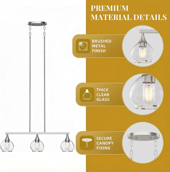 Kitchen Island Linear Pendant Light, 3-Light Brushed Nickeld Dining Room Chandelier with Clear Glass Globe Shades, Modern Linear Lighting Fixture Over Table