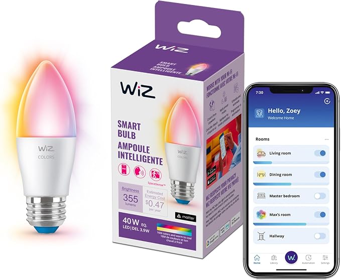 WiZ Connected 40W B12 Color LED Smart Candle-Shaped Bulb - Pack of 1 - E26- Indoor - Connects to Your Existing Wi-Fi - Control with Voice or App + Activate with Motion - Matter Compatible