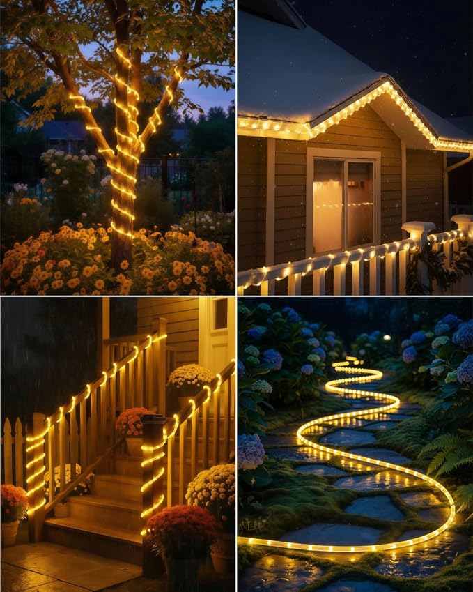 Solar Rope Lights, 33FT 100LED String Lights Outdoor, 8 Lighting Modes Solar Powered Rope Lights for Christmas Easter Party Holiday Tree Decoration, Warm White