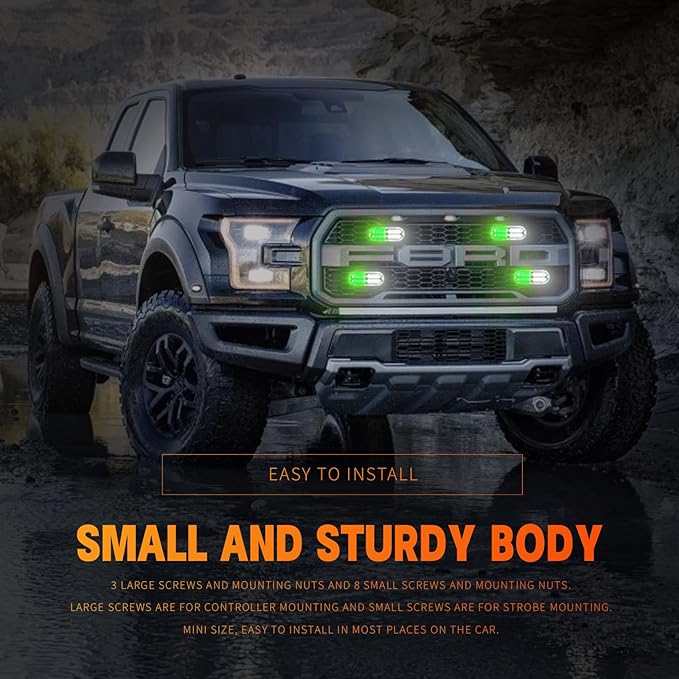 BooYu 4-pcs Sync Feature LED Emergency Strobe Lights Ultra Slim Grille Surface Mount Flashing Warning Hazard Light Bar w/Controller for Police, Firefighter, Trucks, Vehicles, Car (White/Green)