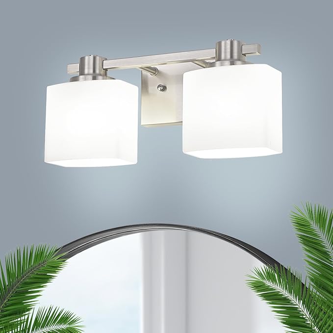 15 Inch Brushed Nickel Vanity Light for Bathroom 2 Light Bathroom Light Fixtures Over Mirror Milk Glass Makeup Shower Lamp Farmhouse Wall Sconce