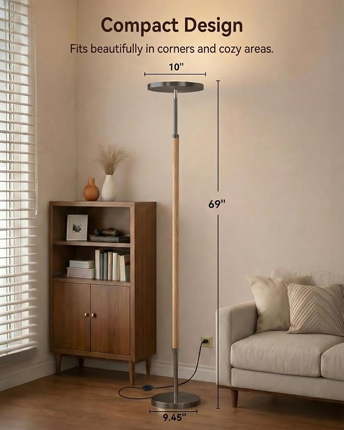 Wood LED Torchiere Floor Lamp with Remote, 3000LM Dimmable | 69" Tall Uplight, 3000K-6500K Color Temperature, 1-Hour Timer, Eye-Caring Lighting, For Living Room, Bedroom & Office