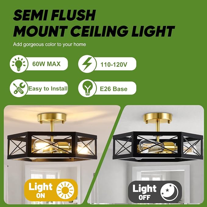 3-Light Semi Flush Mount Ceiling Light, Black and Gold Hallway Light Fixtures Ceiling Mount, Modern Metal Hexagon Cage Close to Ceiling Lights for Kitchen, Bedroom, Living Room